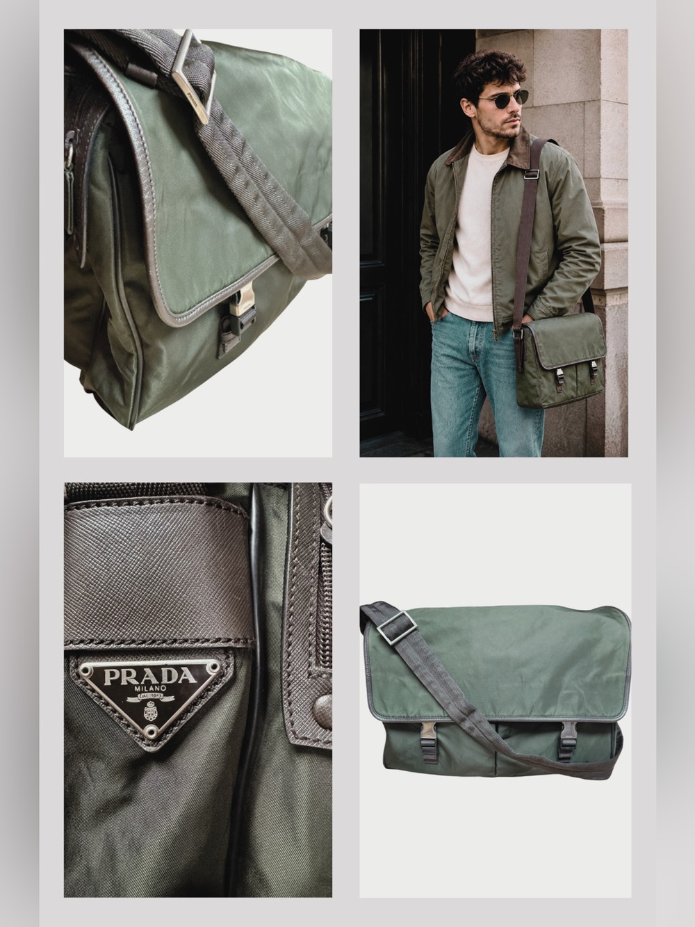 PRADA Men’s Nylon Messenger Bag Green Brown Leather Trim Unisex + Dust Bag